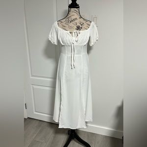 White puff sleeve spilt midi dress - S